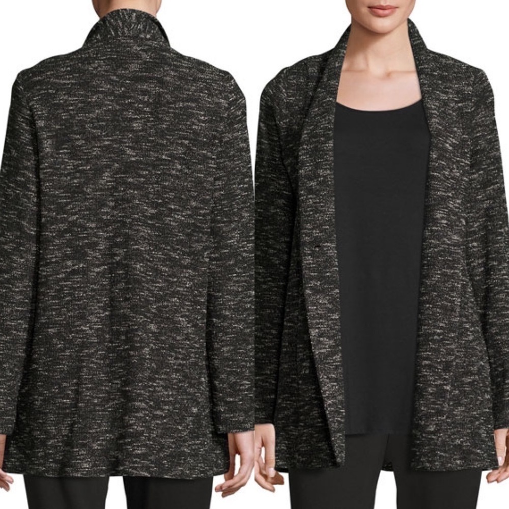 Eileen Fisher Nwt Black Notch Collar Long Tweedy Organic Cotton Knit Jacket